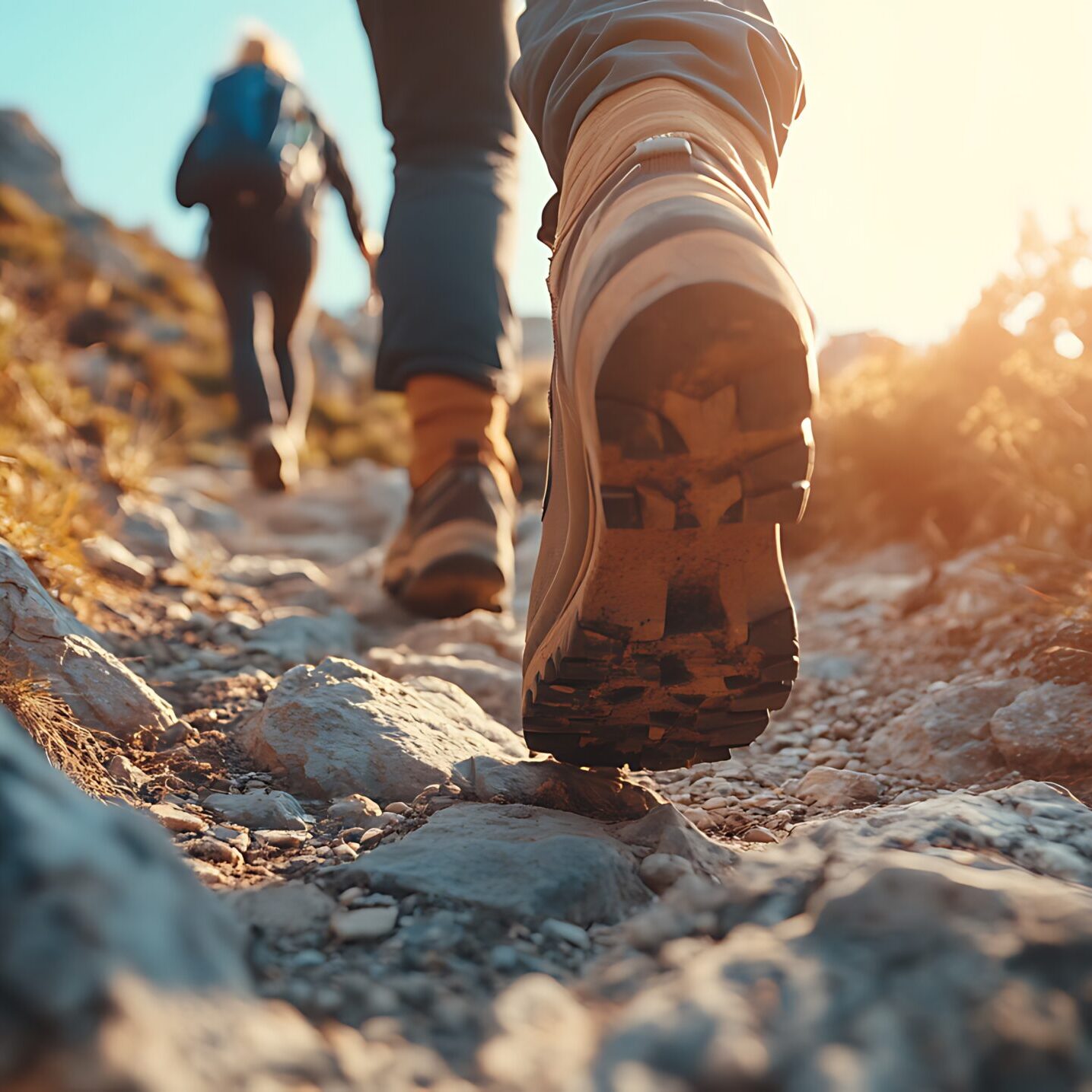 Closeup of hiking boots on rocky mountain path, two hikers walking towards the setting sun.